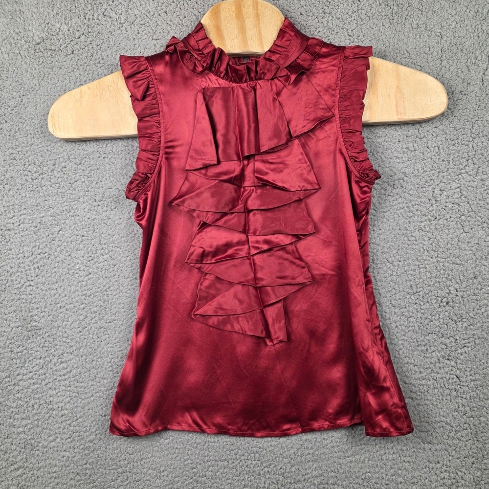Jenny Han Blouse Size Small Burgundy Red 100% Silk Ruffle Front Sleeveless